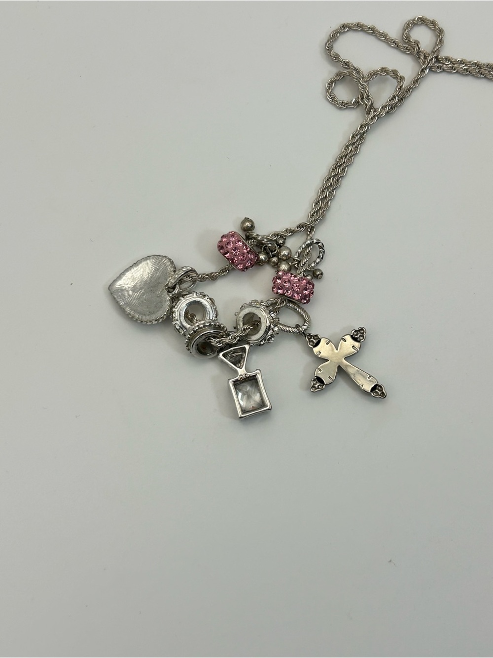 Sparkling Pink Crystals Charm Necklace Silver-tone Cross 30" Unsigned - Picture 7 of 13